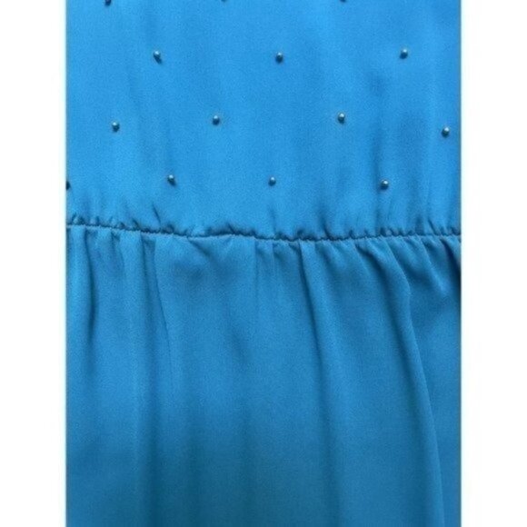 VTG 80s Balloon Long Sleeve Ruffle Midi Dress Blue Pearl Front Accent Women’s 10 - Picture 8 of 13